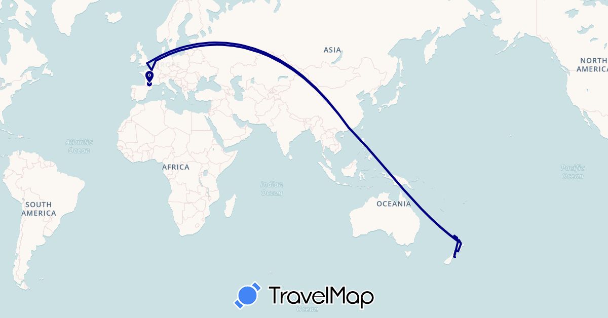 TravelMap itinerary: driving in China, France, United Kingdom, Netherlands, New Zealand (Asia, Europe, Oceania)